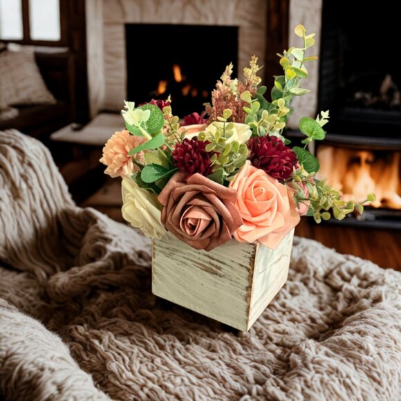 Fall Faux Floral Arrangement in Rustic Wooden Box – Home or Office Decor - Picture 12 of 13